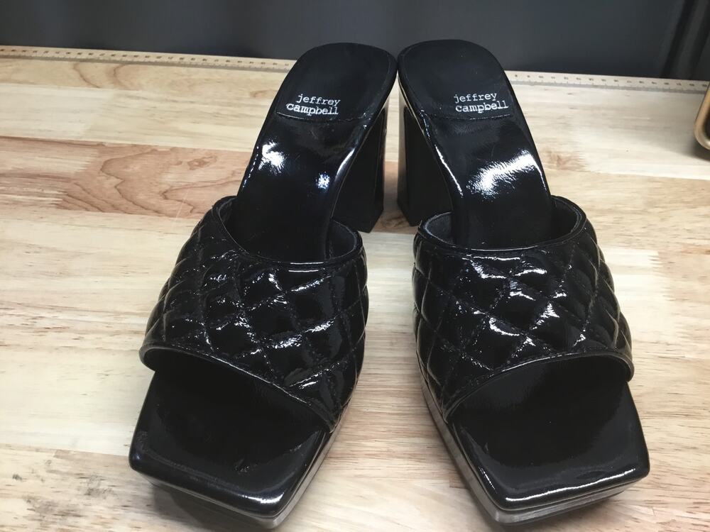 Jeffrey Campbell Platform Sandal Women 8 Black Patent Leather Slip On Square Toe